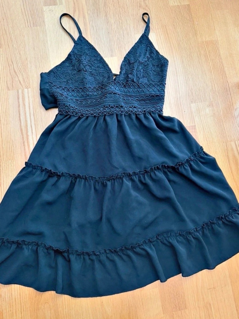 Crochet Lace V-Neck Tie Back Tiered Ruffle Mini Dress